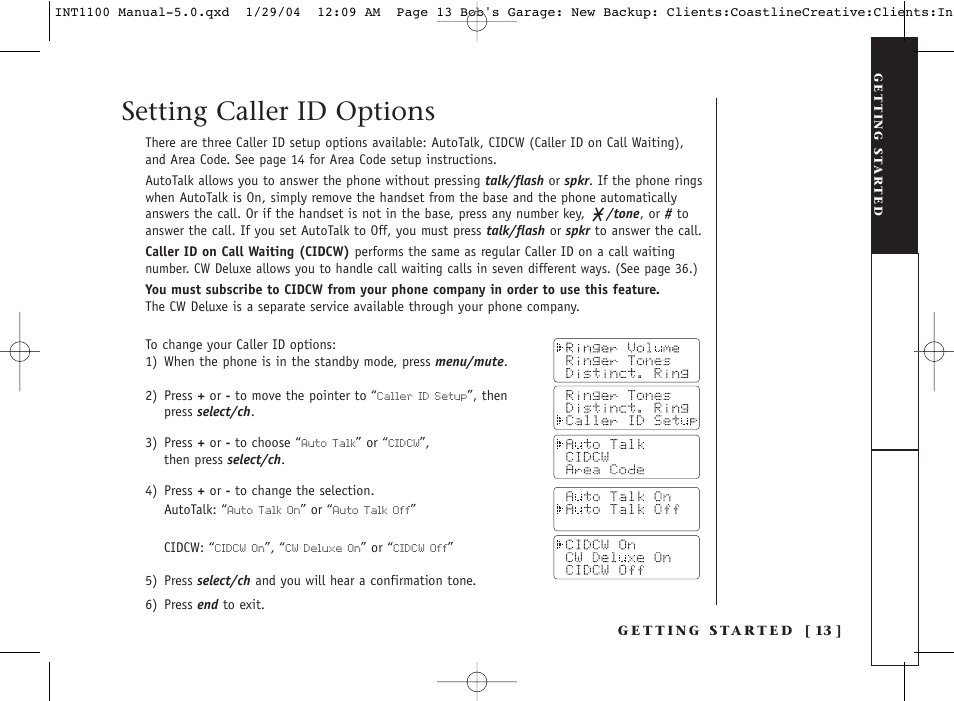Setting caller id options | Inter-Tel INT1100 User Manual | Page 13 / 46