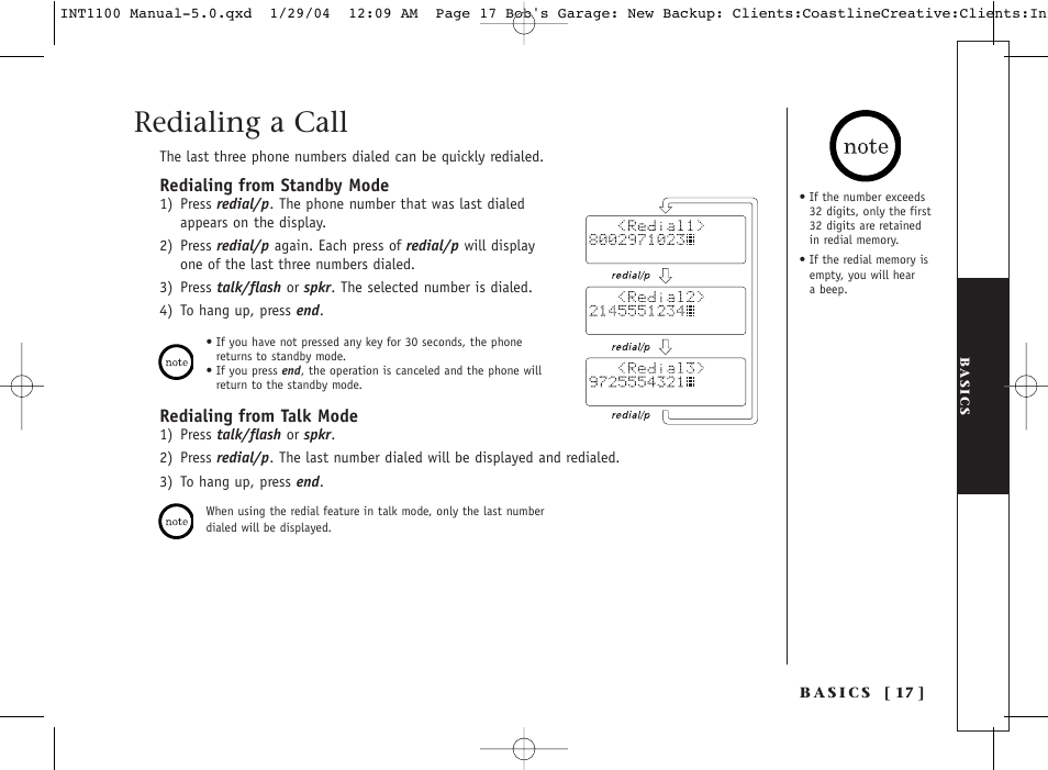 Redialing a call | Inter-Tel INT1100 User Manual | Page 17 / 46