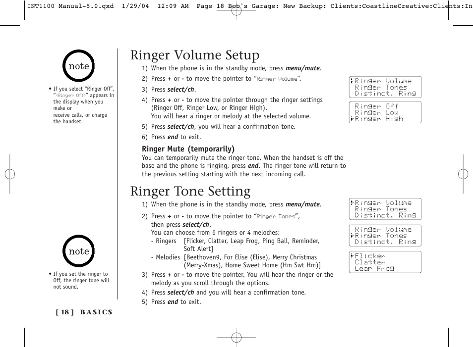 Ringer volume setup, Ringer tone setting | Inter-Tel INT1100 User Manual | Page 18 / 46