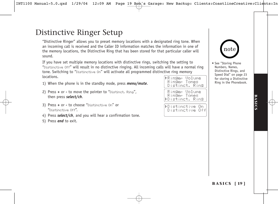 Distinctive ringer setup | Inter-Tel INT1100 User Manual | Page 19 / 46