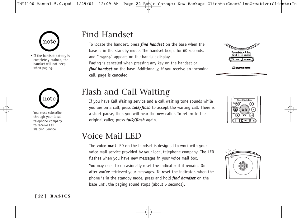 Find handset, Flash and call waiting, Voice mail led | Inter-Tel INT1100 User Manual | Page 22 / 46