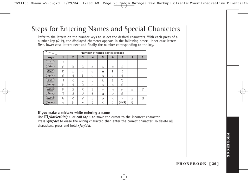 Steps for entering names and special characters | Inter-Tel INT1100 User Manual | Page 25 / 46