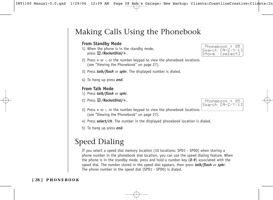 Making calls using the phonebook, Speed dialing | Inter-Tel INT1100 User Manual | Page 28 / 46