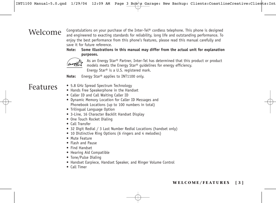 Welcome features | Inter-Tel INT1100 User Manual | Page 3 / 46