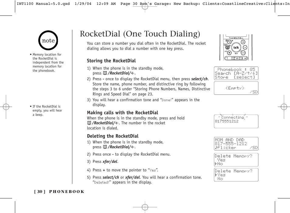 Rocketdial (one touch dialing) | Inter-Tel INT1100 User Manual | Page 30 / 46