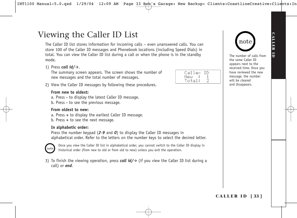 Viewing the caller id list | Inter-Tel INT1100 User Manual | Page 33 / 46