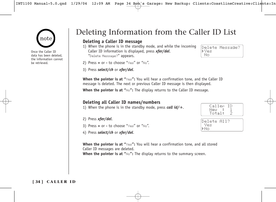 Deleting information from the caller id list | Inter-Tel INT1100 User Manual | Page 34 / 46