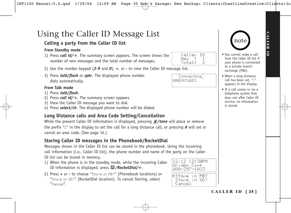 Using the caller id message list | Inter-Tel INT1100 User Manual | Page 35 / 46