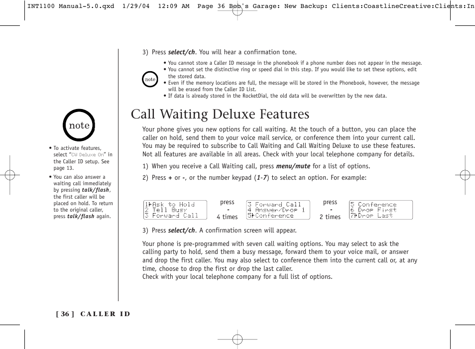 Call waiting deluxe features | Inter-Tel INT1100 User Manual | Page 36 / 46