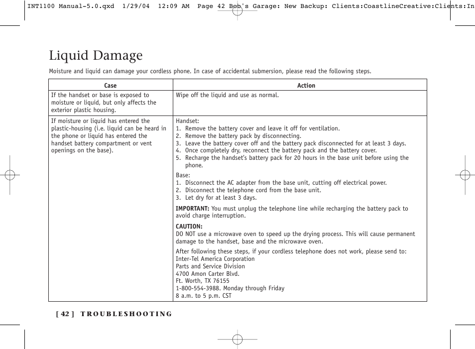 Liquid damage | Inter-Tel INT1100 User Manual | Page 42 / 46