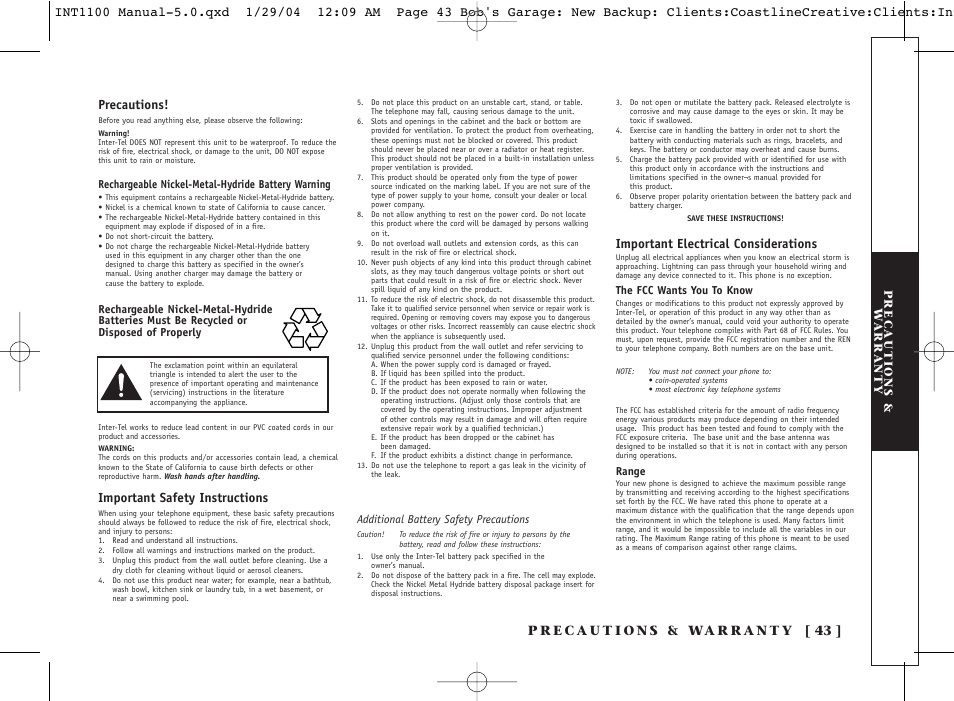 Important safety instructions, Important electrical considerations | Inter-Tel INT1100 User Manual | Page 43 / 46