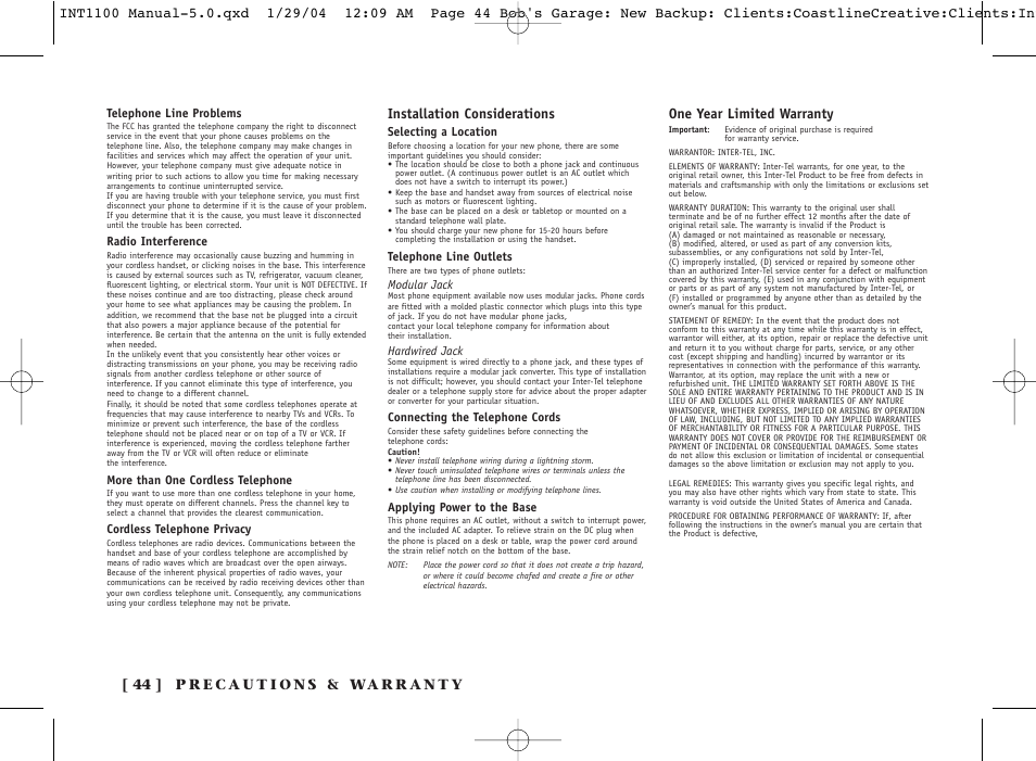 Installation considerations, One year limited warranty | Inter-Tel INT1100 User Manual | Page 44 / 46