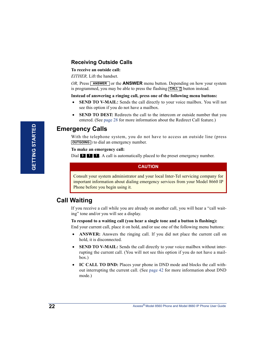 Emergency calls, Call waiting | Inter-Tel AXXESS 8660 User Manual | Page 32 / 98