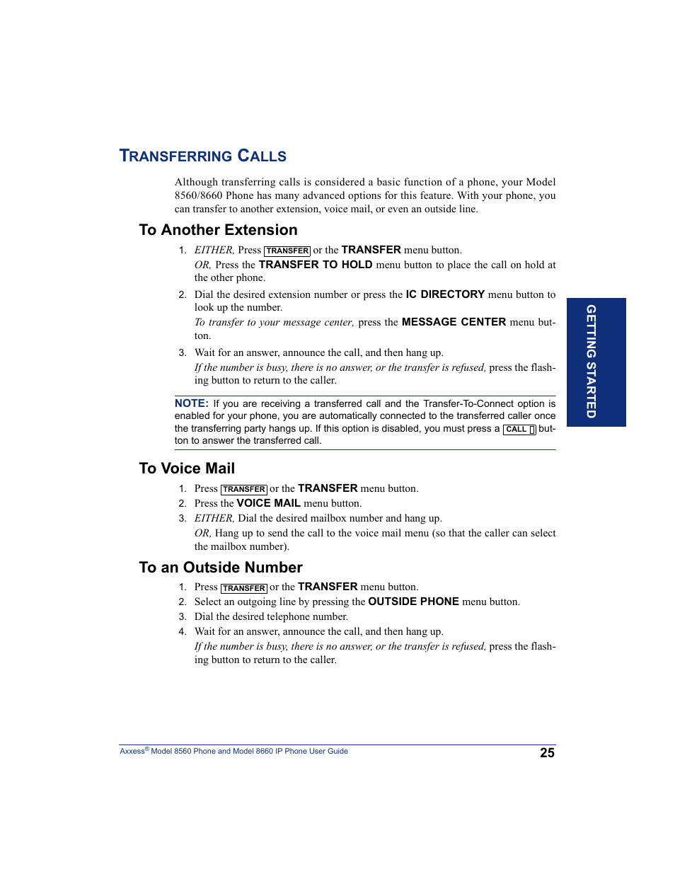 Transferring calls, To another extension, To voice mail | To an outside number, Ransferring, Alls | Inter-Tel AXXESS 8660 User Manual | Page 35 / 98