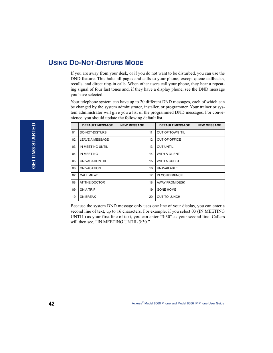 Using do-not-disturb mode, Sing, Isturb | Getting s t ar te d | Inter-Tel AXXESS 8660 User Manual | Page 52 / 98