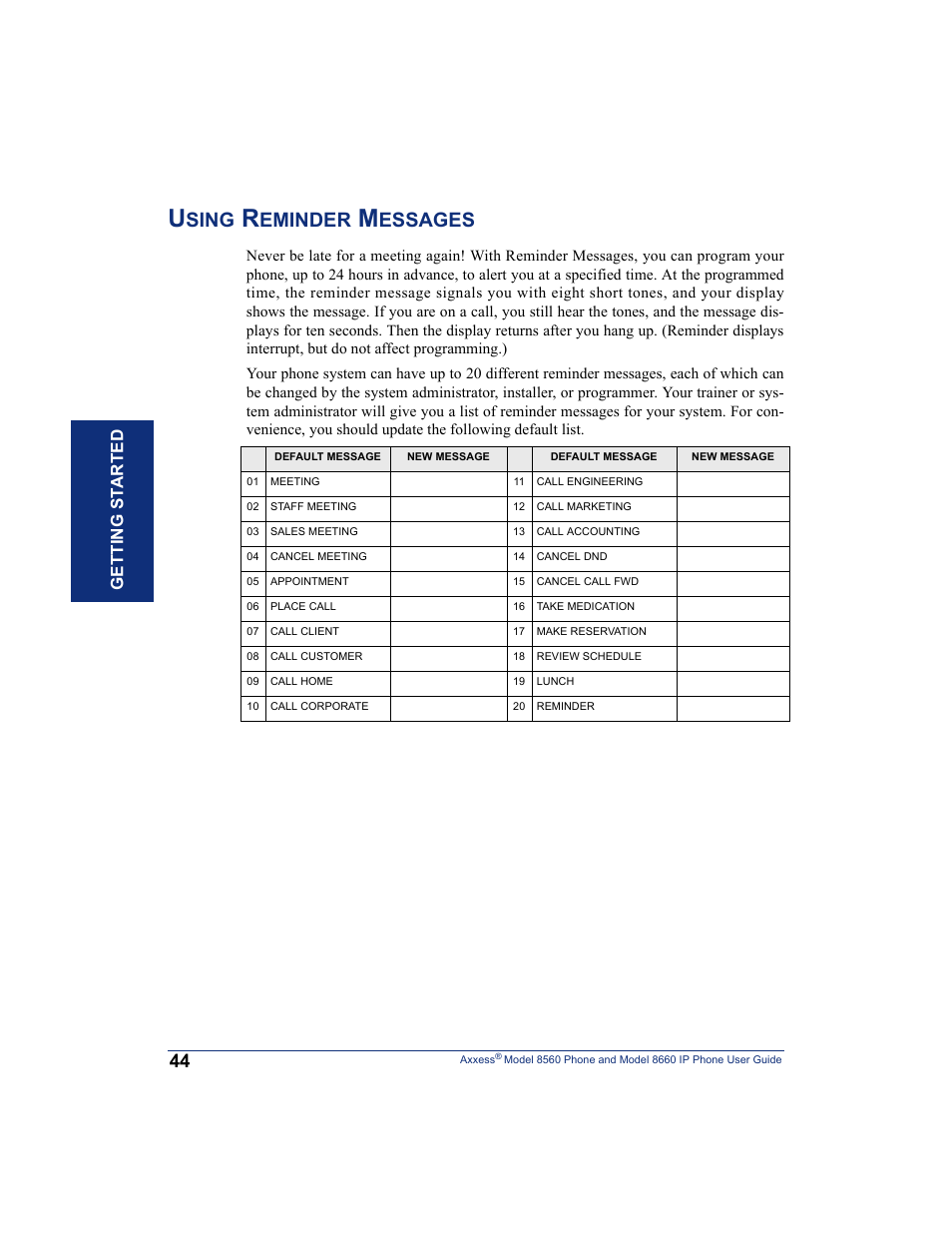 Using reminder messages, Sing, Eminder | Essages, Getting s t ar te d | Inter-Tel AXXESS 8660 User Manual | Page 54 / 98