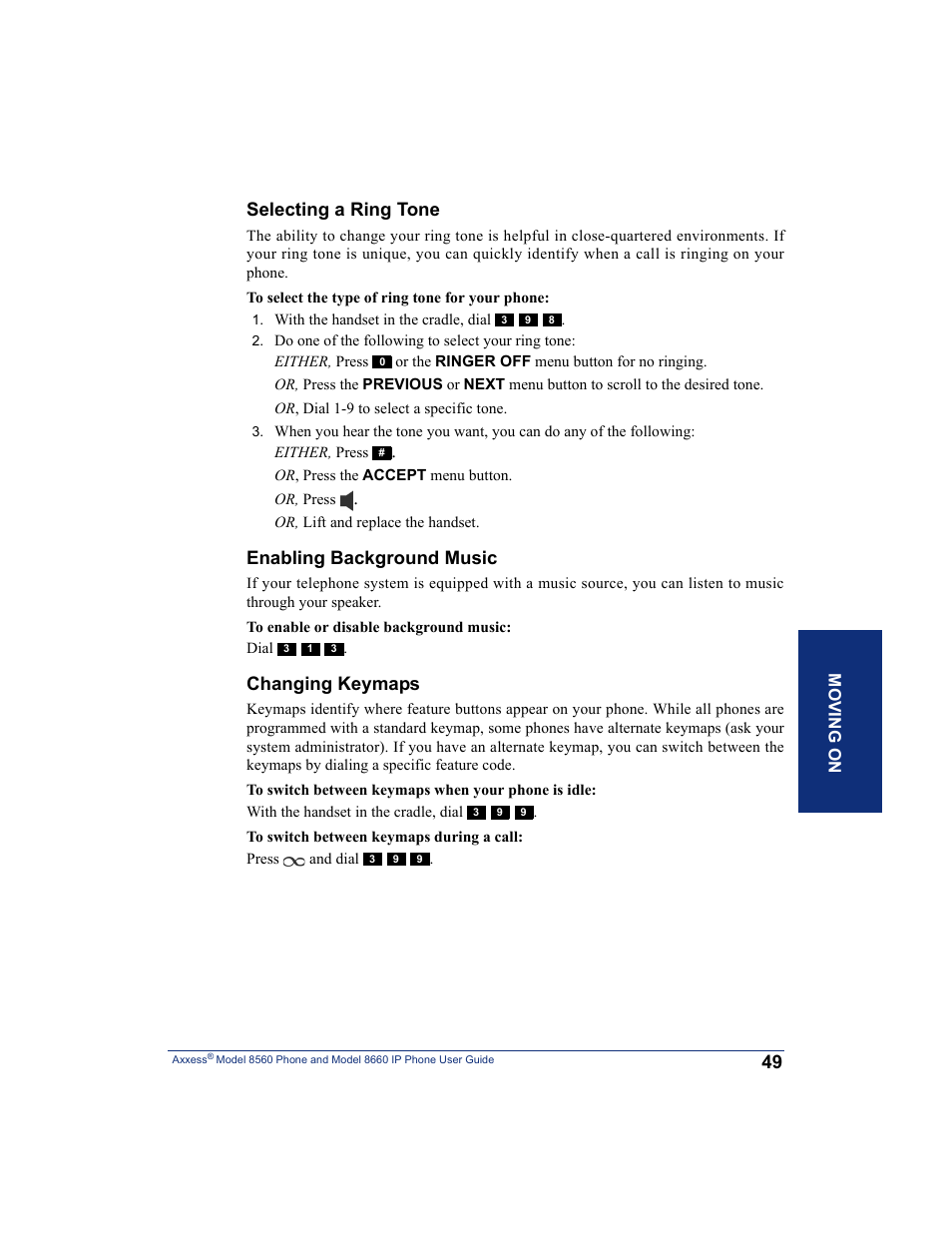 Selecting a ring tone, Enabling background music, Changing keymaps | Inter-Tel AXXESS 8660 User Manual | Page 59 / 98