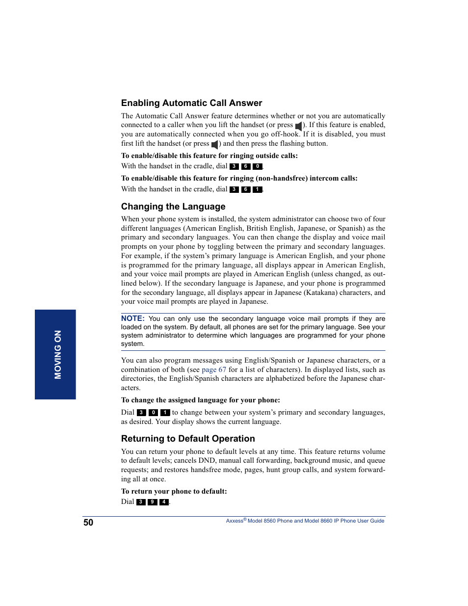 Enabling automatic call answer, Changing the language, Returning to default operation | Inter-Tel AXXESS 8660 User Manual | Page 60 / 98