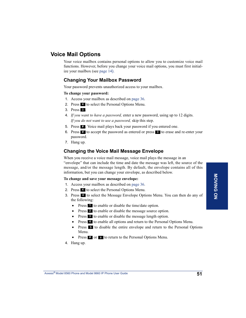 Voice mail options, Changing your mailbox password, Changing the voice mail message envelope | Inter-Tel AXXESS 8660 User Manual | Page 61 / 98