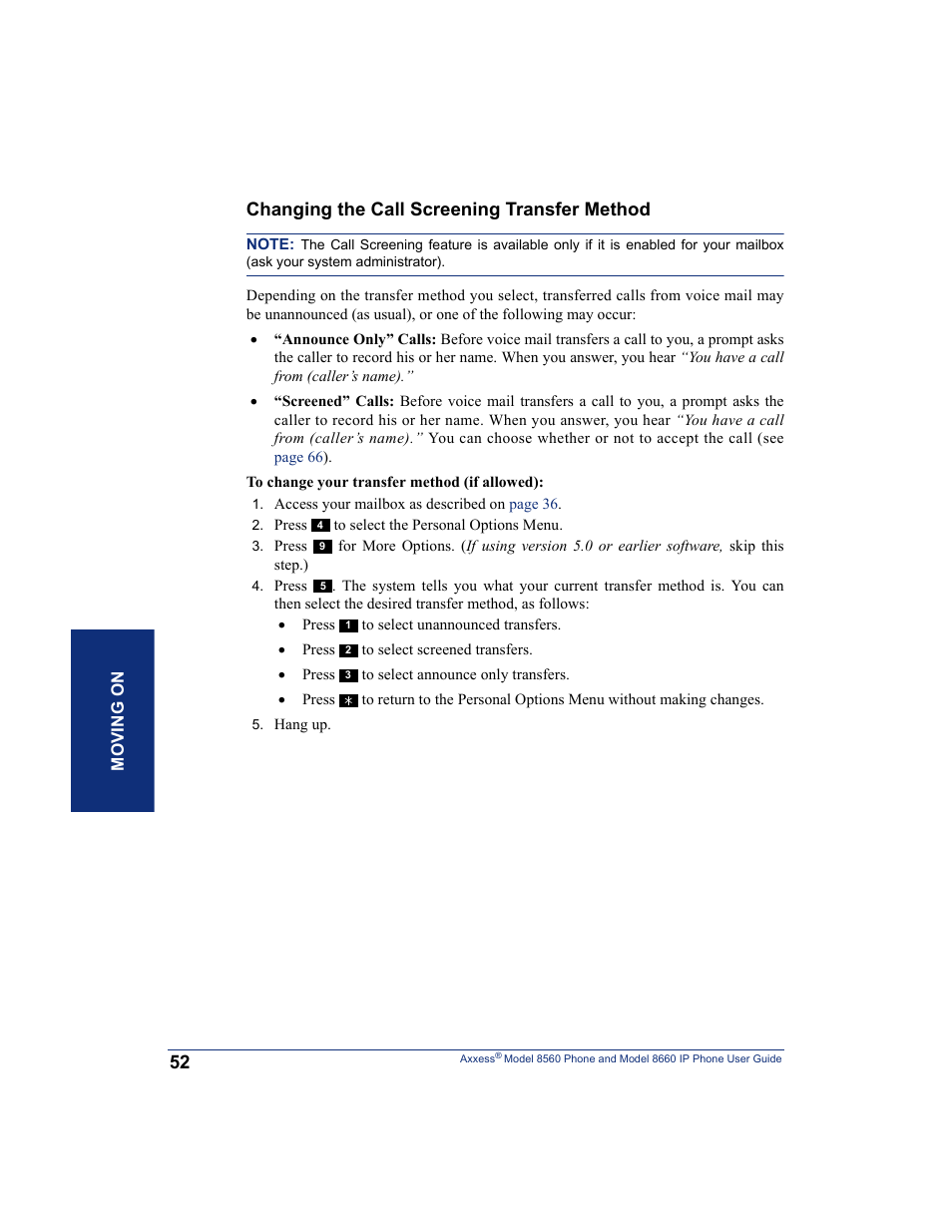 Changing the call screening transfer method | Inter-Tel AXXESS 8660 User Manual | Page 62 / 98