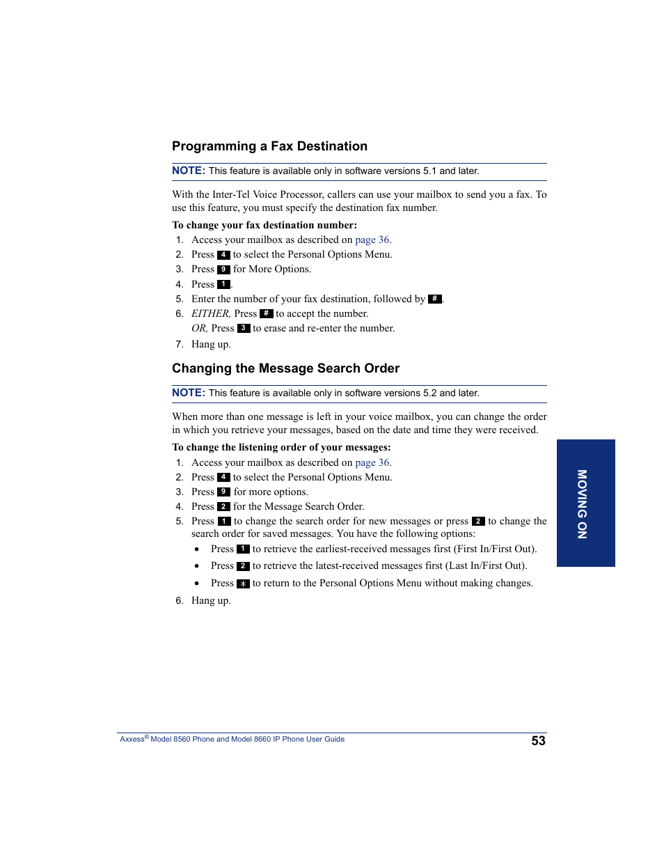 Programming a fax destination, Changing the message search order | Inter-Tel AXXESS 8660 User Manual | Page 63 / 98