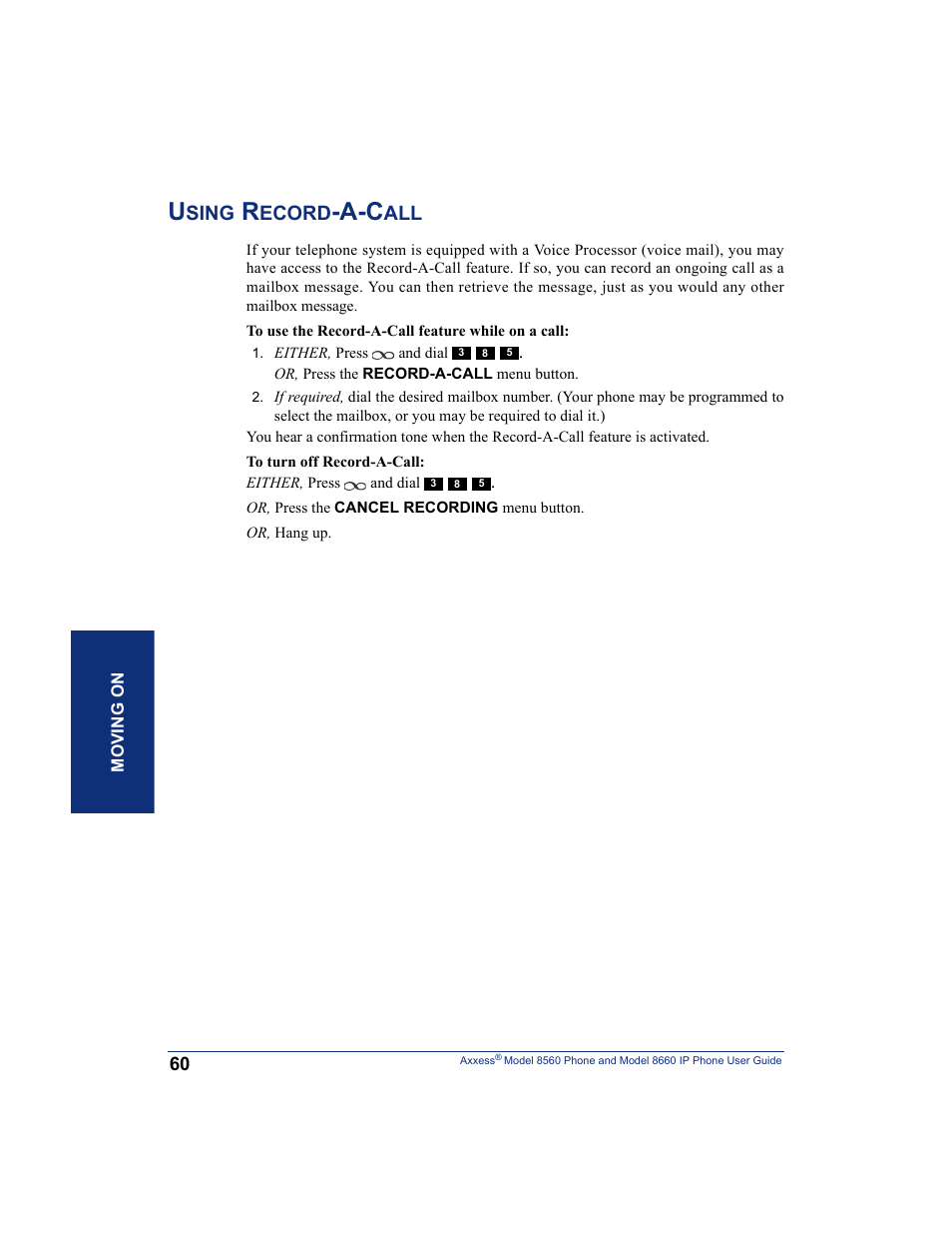 Using record-a-call, Sing, Ecord | Inter-Tel AXXESS 8660 User Manual | Page 70 / 98