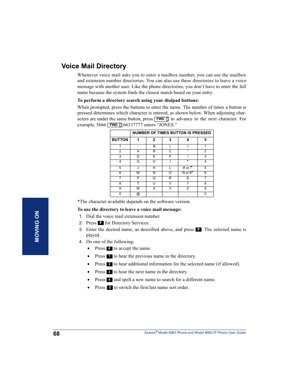 Voice mail directory, Moving on | Inter-Tel AXXESS 8660 User Manual | Page 78 / 98