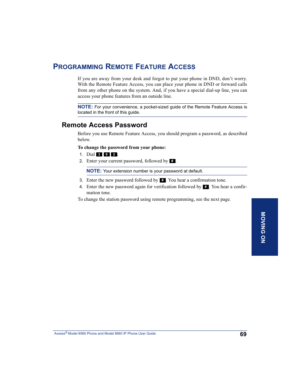 Programming remote feature access, Remote access password, Rogramming | Emote, Eature, Ccess | Inter-Tel AXXESS 8660 User Manual | Page 79 / 98