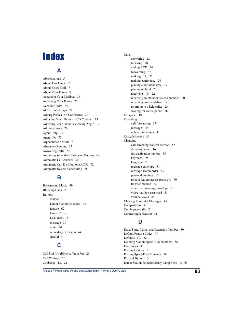 Index | Inter-Tel AXXESS 8660 User Manual | Page 93 / 98