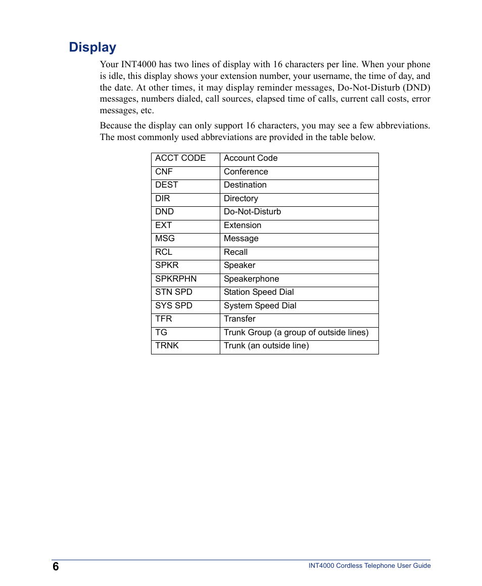 Display | Inter-Tel INT4000 User Manual | Page 18 / 92