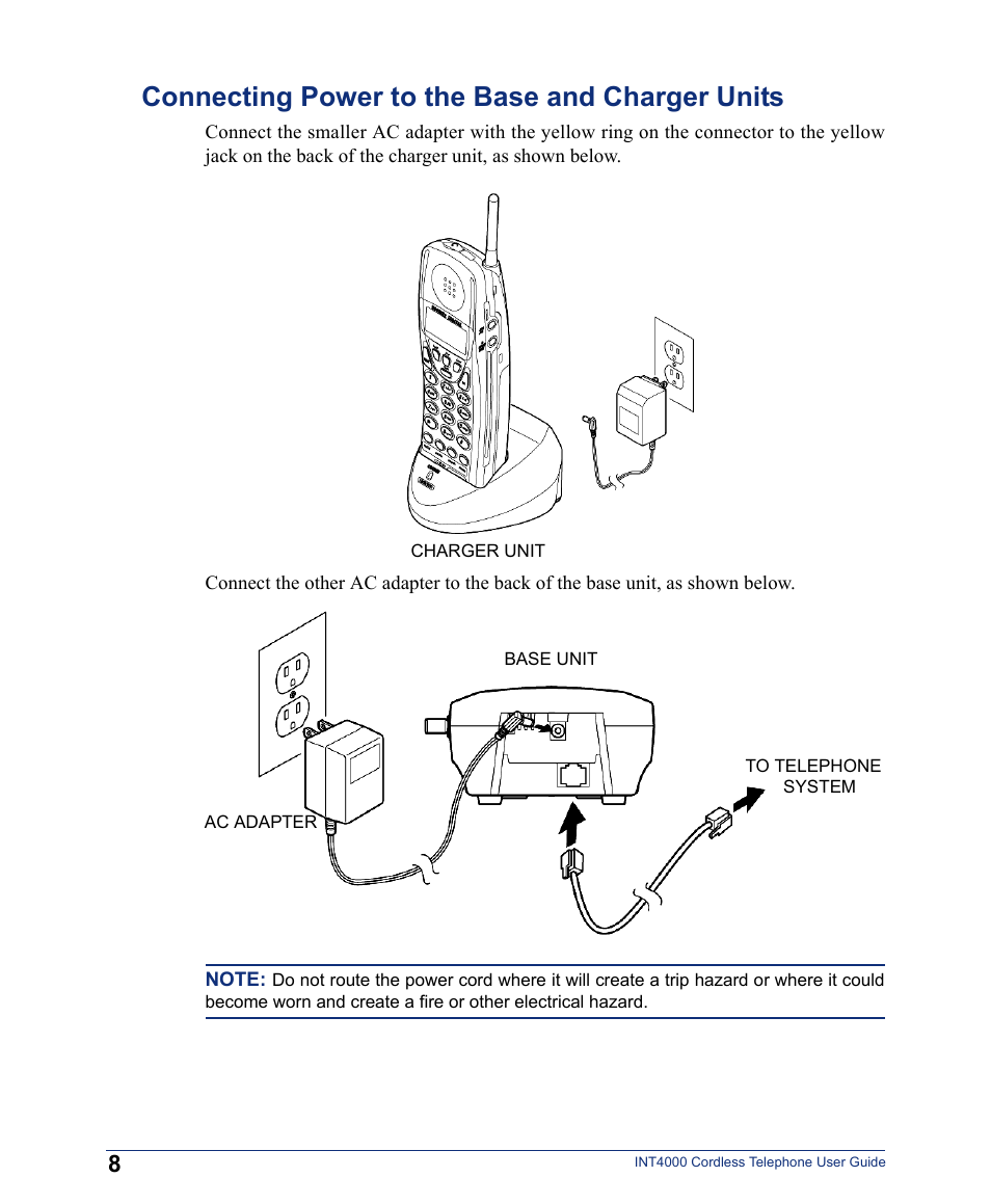 Connecting power to the base and charger units | Inter-Tel INT4000 User Manual | Page 20 / 92