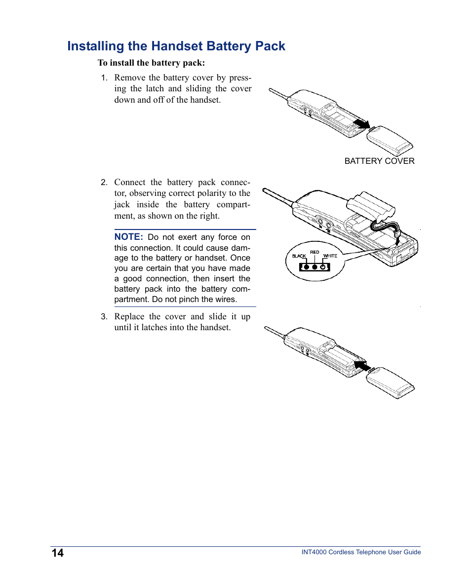 Installing the handset battery pack | Inter-Tel INT4000 User Manual | Page 26 / 92