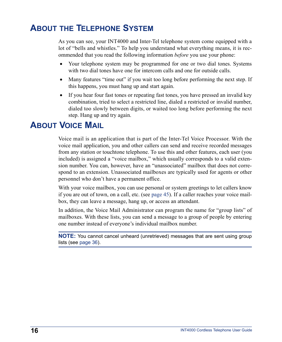 About the telephone system, About the telephone system about voice mail | Inter-Tel INT4000 User Manual | Page 28 / 92