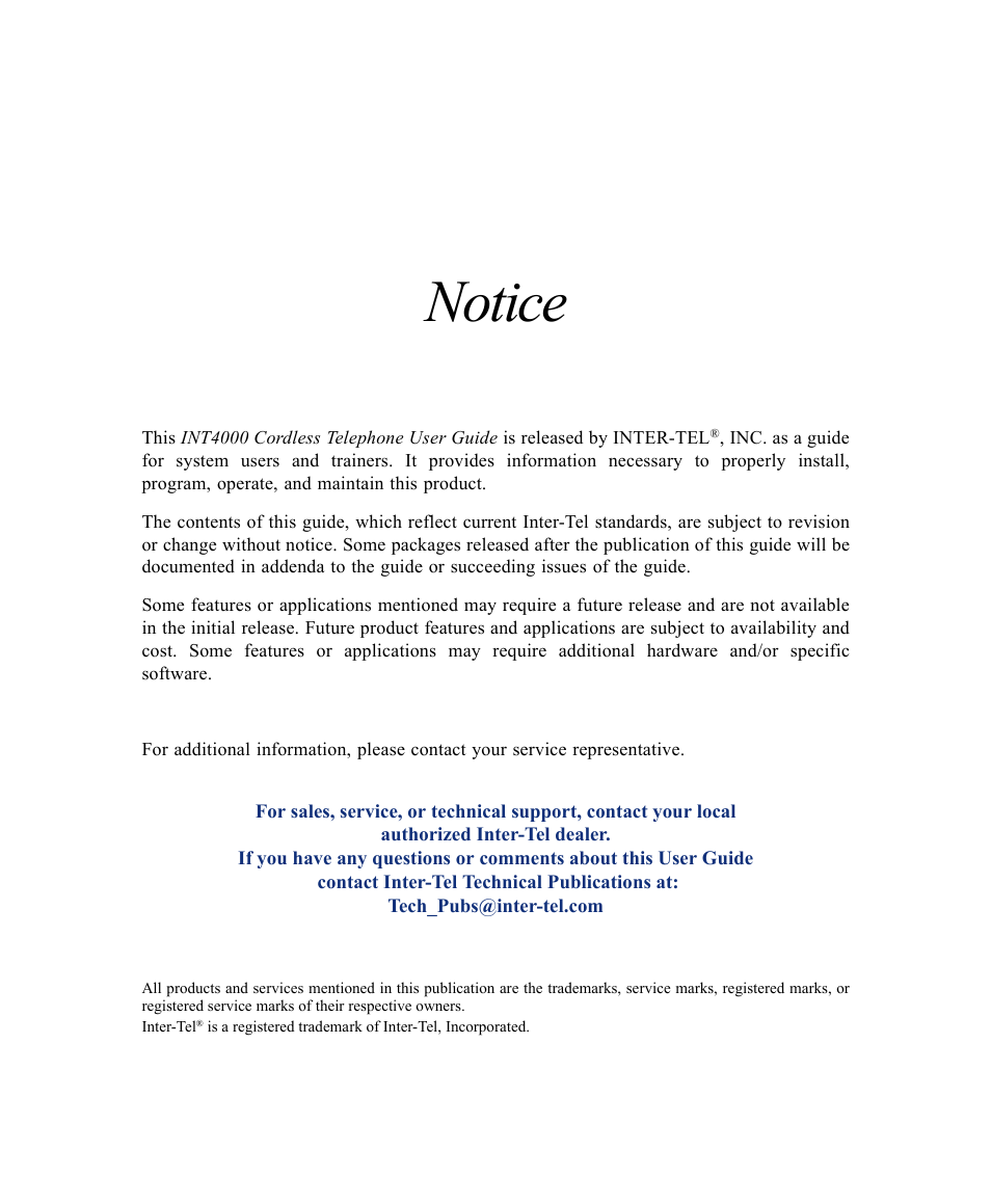 Notice | Inter-Tel INT4000 User Manual | Page 3 / 92