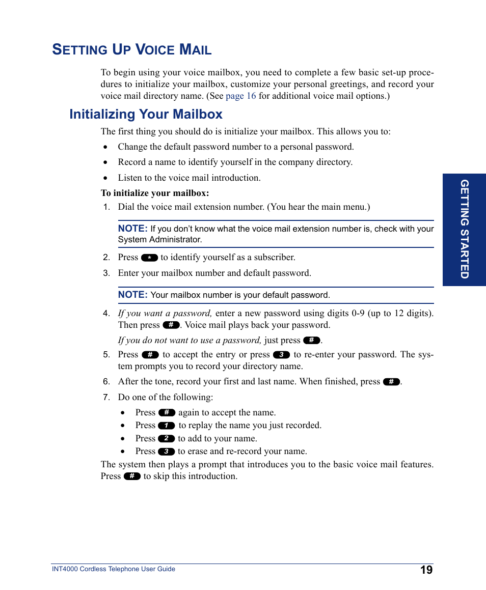 Setting up voice mail, Initializing your mailbox, Etting | Oice | Inter-Tel INT4000 User Manual | Page 31 / 92