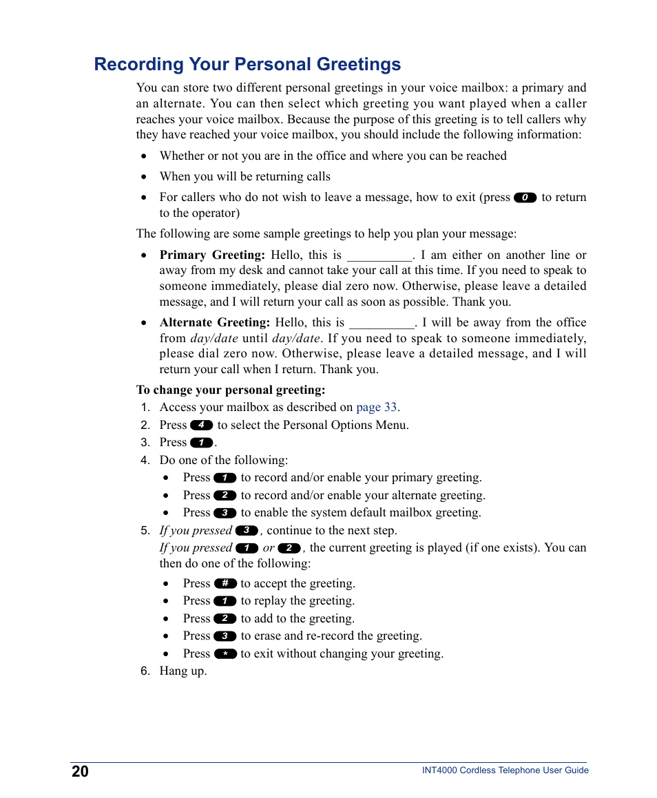 Recording your personal greetings, To change your personal greeting | Inter-Tel INT4000 User Manual | Page 32 / 92