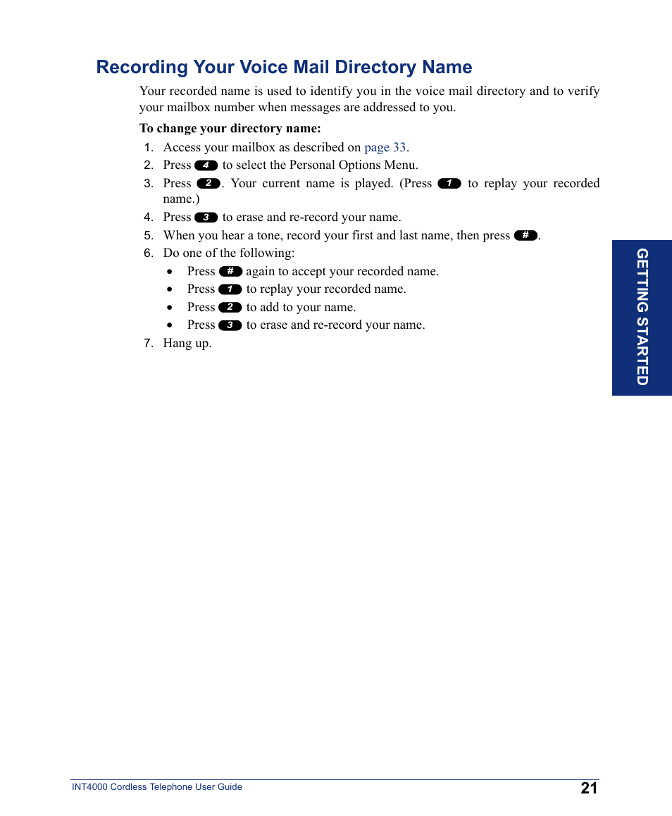 Recording your voice mail directory name | Inter-Tel INT4000 User Manual | Page 33 / 92