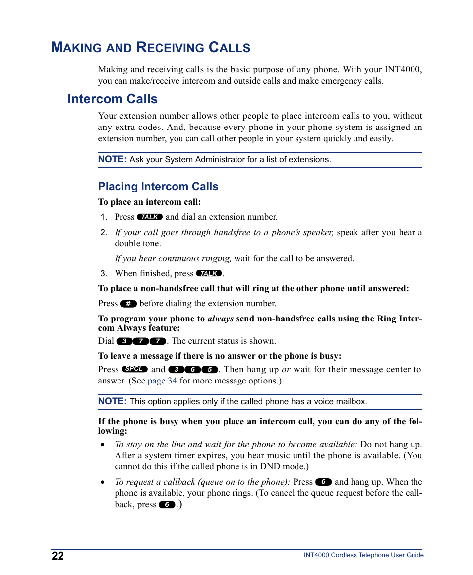 Making and receiving calls, Intercom calls, Aking | Eceiving, Alls, Placing intercom calls | Inter-Tel INT4000 User Manual | Page 34 / 92