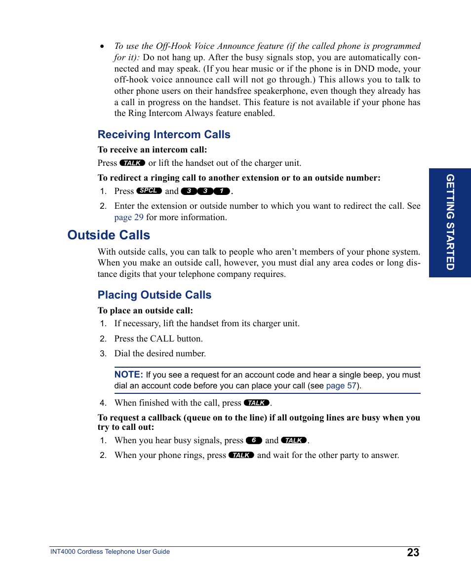 Outside calls, Receiving intercom calls, Placing outside calls | Inter-Tel INT4000 User Manual | Page 35 / 92