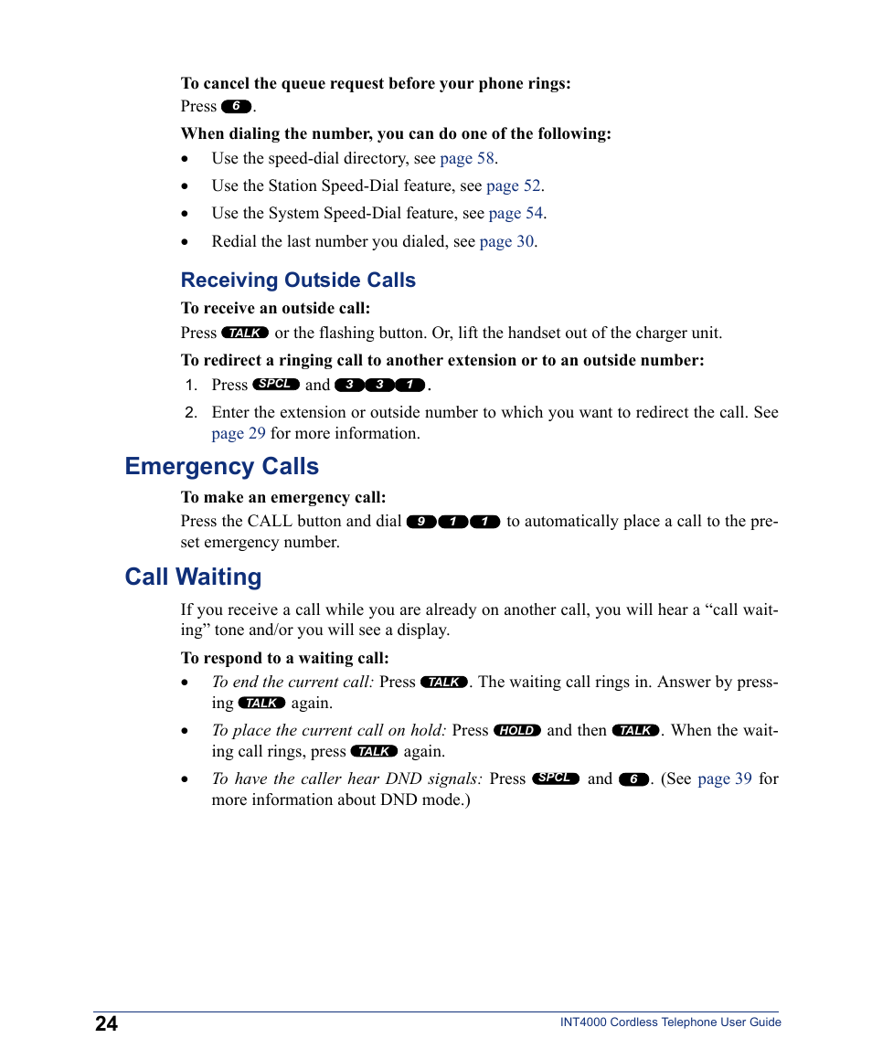 Emergency calls, Call waiting, Emergency calls call waiting | Receiving outside calls | Inter-Tel INT4000 User Manual | Page 36 / 92