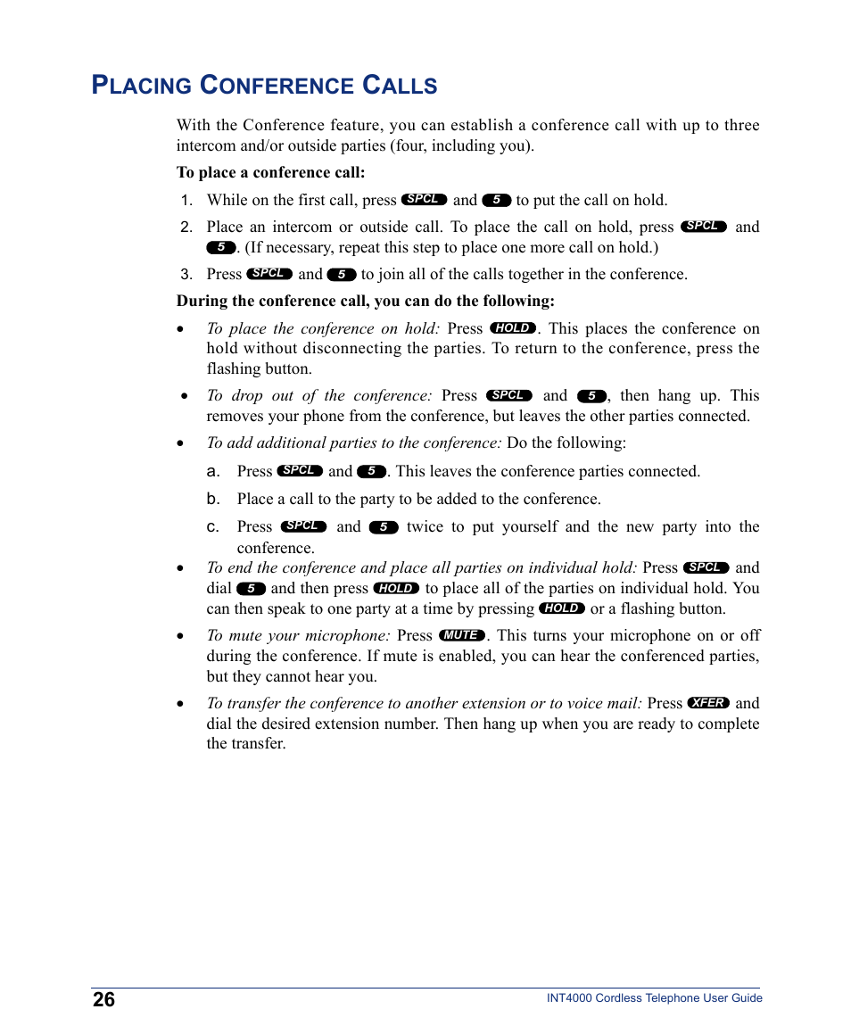 Placing conference calls, Lacing, Onference | Alls | Inter-Tel INT4000 User Manual | Page 38 / 92