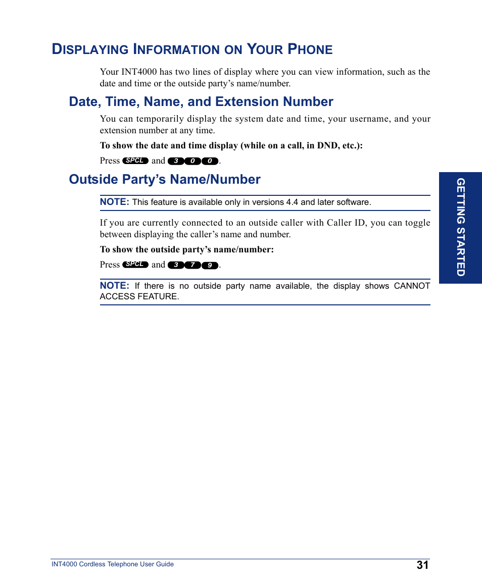 Displaying information on your phone, Date, time, name, and extension number, Outside party’s name/number | Isplaying, Nformation, Hone | Inter-Tel INT4000 User Manual | Page 43 / 92