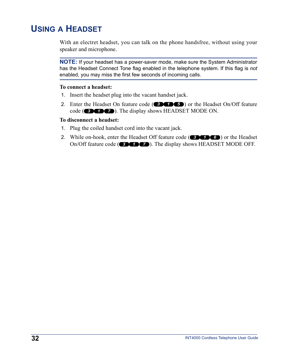 Using a headset, Sing, Eadset | Inter-Tel INT4000 User Manual | Page 44 / 92