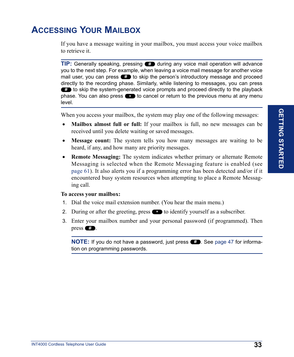 Accessing your mailbox, Ccessing, Ailbox | Inter-Tel INT4000 User Manual | Page 45 / 92