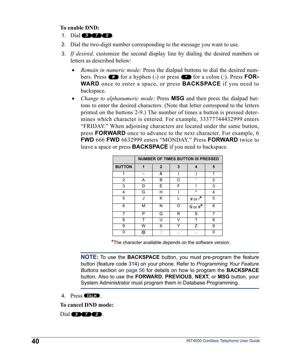 To enable dnd, Dial, Press . to cancel dnd mode: dial | Inter-Tel INT4000 User Manual | Page 52 / 92