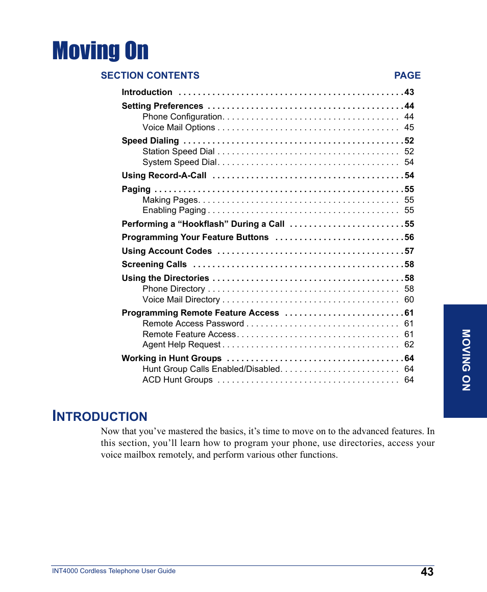 Moving on, Introduction, Ntroduction | Inter-Tel INT4000 User Manual | Page 55 / 92
