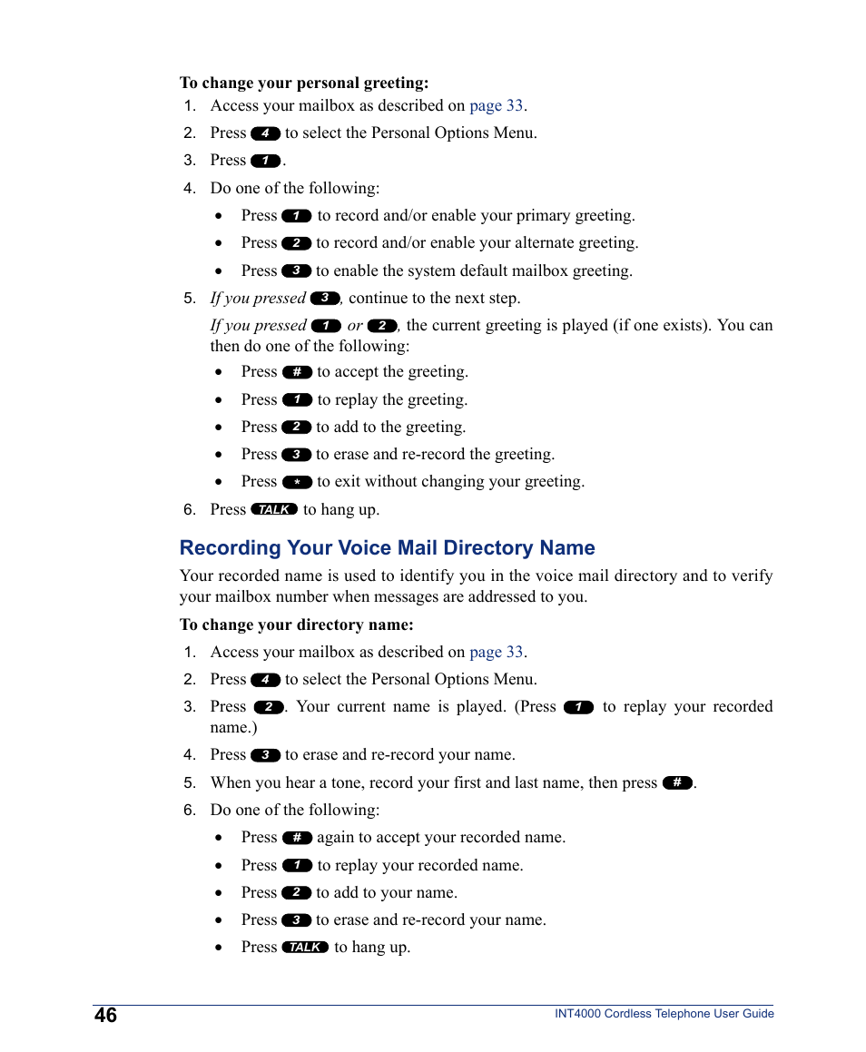 To change your personal greeting, Recording your voice mail directory name | Inter-Tel INT4000 User Manual | Page 58 / 92
