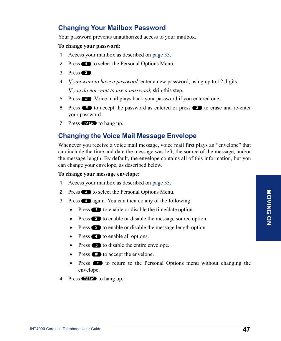 Changing your mailbox password, Changing the voice mail message envelope | Inter-Tel INT4000 User Manual | Page 59 / 92