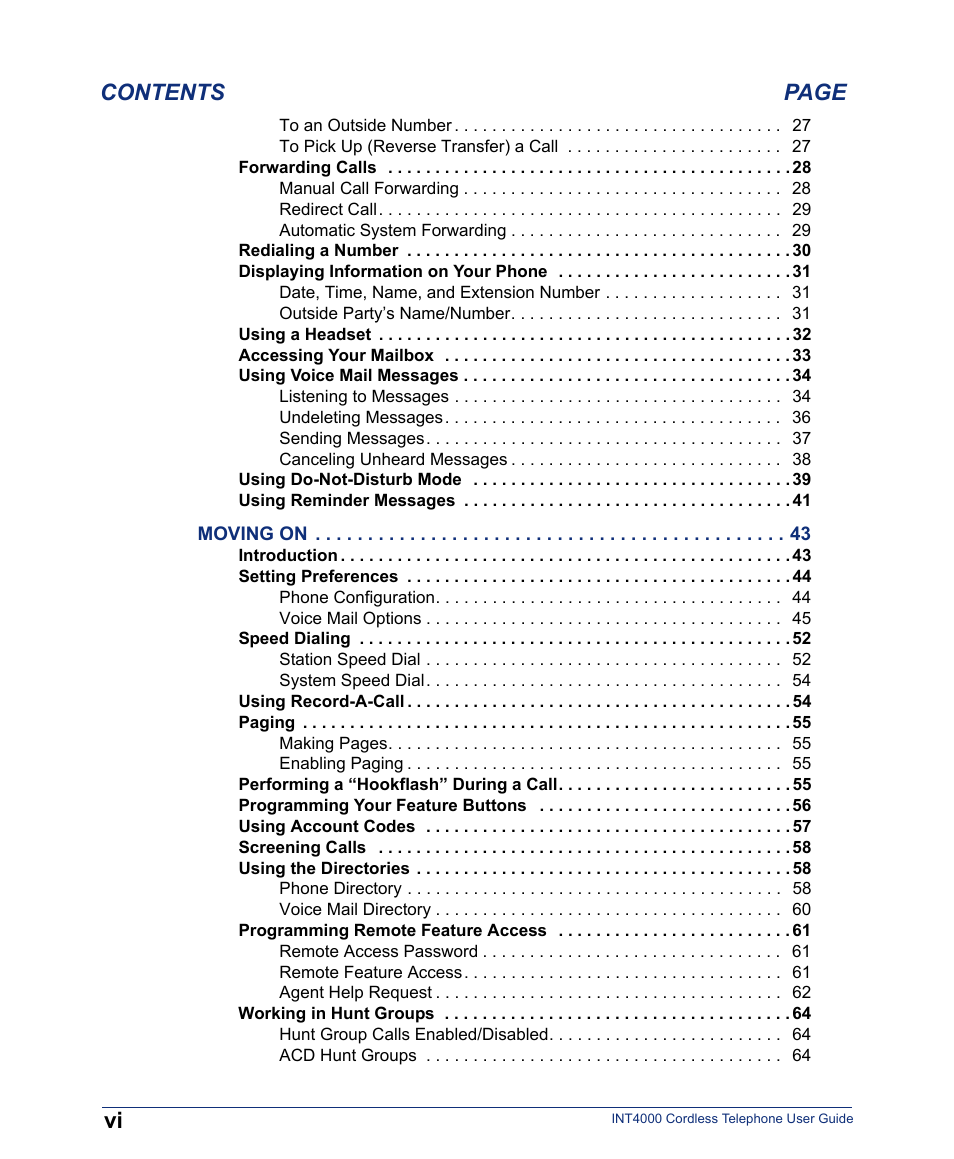 Contents page | Inter-Tel INT4000 User Manual | Page 6 / 92