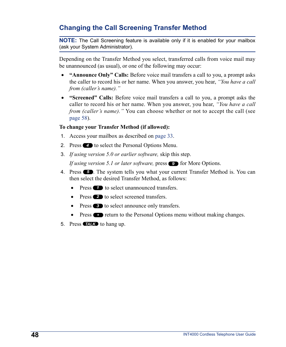 Changing the call screening transfer method | Inter-Tel INT4000 User Manual | Page 60 / 92